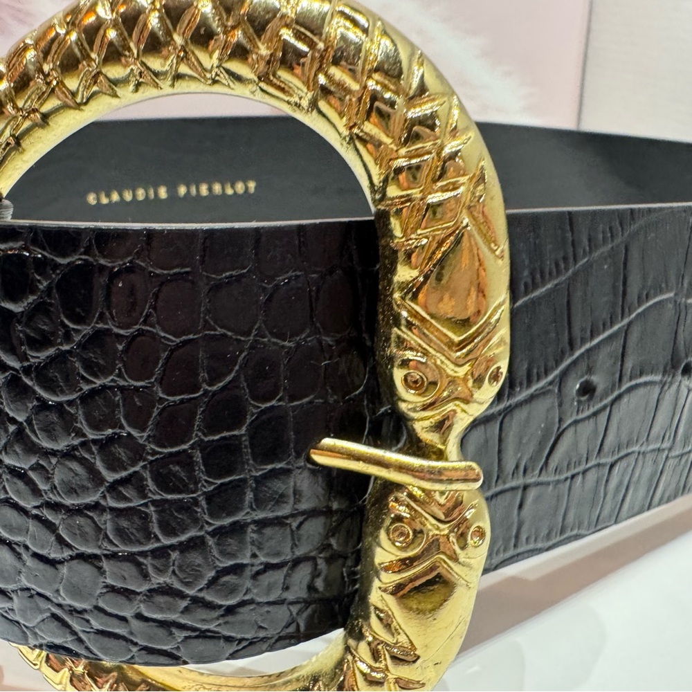 Claudie Pierlot T1 Small Snake Buckle Croc Embossed Leather Wide Belt - Picture 3 of 11